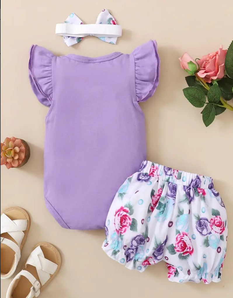 2 piece purple flower short set with headband