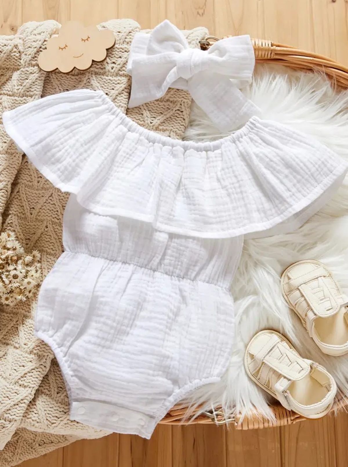 Baby Girls Ruffle Cotton Linen Romper + Headband Bodysuit Onesie Baby Clothes